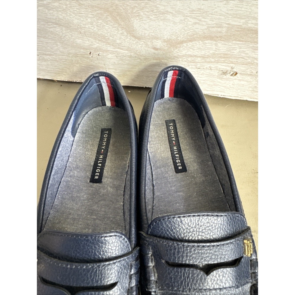 Tommy Hilfiger Navy Blue Monogram Leather Penny Loafers Sz 6.5 - Picture 9 of 9